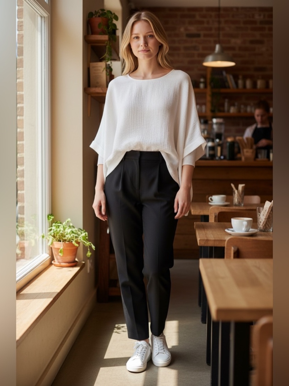 JESS & JANE White Cotton Gauze Boxy Blouse, Roomy fit Medium